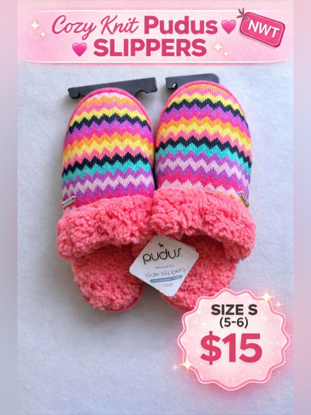 Pudus Cozy Knit Slide Slippers Pink Multi Color Size S 5-6 NWT